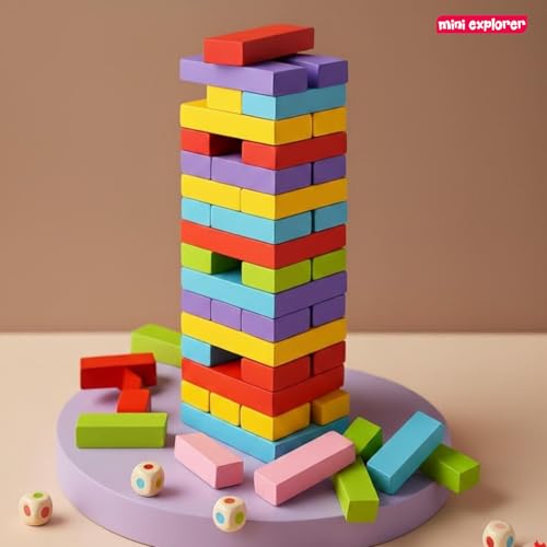 Image of MiniExplorer Toys & Games Tumbling Tower Game for Kids and Adults, Wooden Blocks with Dices Game|Stacking Game Challenging Maths Game