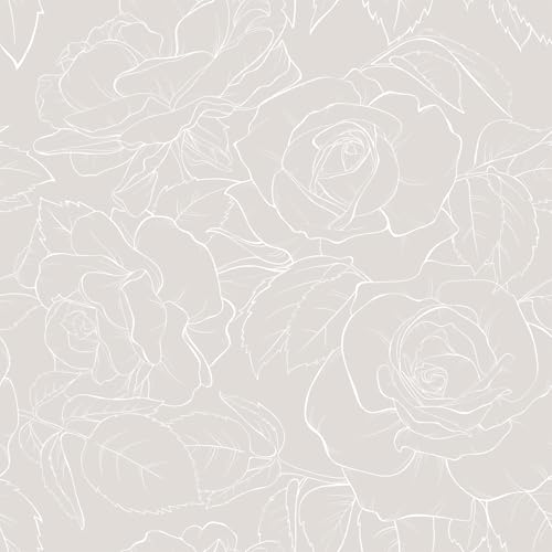 VEELIKE Boho Neutral Grey Line Drawing Floral Peel and Stick Wallpaper Vintage Peony Floral Wallpaper for Bedroom Nursery 17.7''x118'' Removable Flower Wall Mural Contact Paper for Walls Shelf Drawer