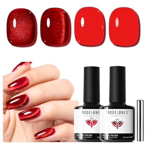 modelones Red Cat Eye Gel Nail Polish, 2PCS 15 ML Magnetic Glitter Holographic Red Ruby Glass Polish Reflective Jelly Translucent UV Gel Manicure Art DIY Salon Valentine's Day Gift for Girl Women