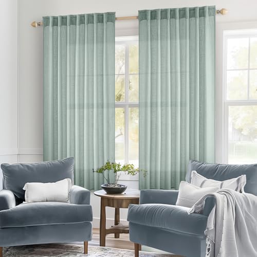 MIULEE Aqua Blue Linen Curtains 54 Inch Length 2 Panels for Bedroom Living Room, Soft Thick Linen Textured Natural Short Window Drapes Semi Sheer Light Filtering Back Tab Rod Pocket Burlap Look Decor