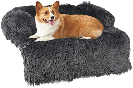 Calming Dog Bed Plush Dog Mat Dog Sofa, Pet Couch Protector for Dog, Pet Furniture Cover with Memory Foam Neck Bolster, Machine Washable Pet Beds (L(45x40x7''), Dark Grey)