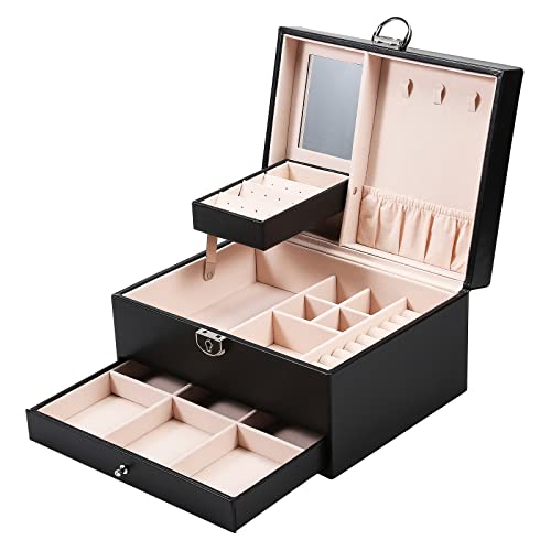 Asvert Boîte à Bijoux Femme, Rangement Bijoux fille, Organisateur à bijoux avec 2 couches, Coffre à Bijoux avec Clé Miroir boîte à Maquillage Bagues Boucles d'oreilles Colliers Cadeau Voyage Portable Cover