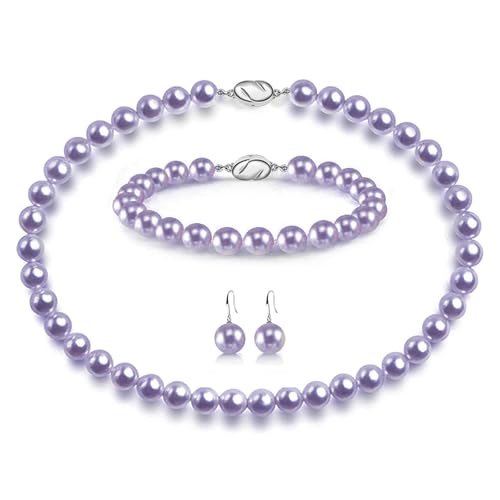 AOOVOO Purple Pearl Necklace Set for Women Girls 8mm Round Shell Pearl Includes Stunning Bracelet and Dangle Earrings 3 Piece Jewelry Birthday Wedding Gifts for Her