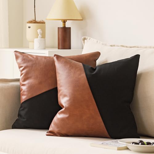 GEGELICA Set of 2Faux Leather Patchwork Black Linen Throw Pillow Covers, Modern Minimalist Farmhouse Solid Brown Accent Square Decorative Boho Pillow Covers18X18 Inch for Couch Living Room Bedroom