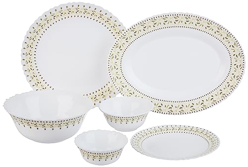 Image of Larah by Borosil Ora Gold Fluted Series Opalware Dinner Set | 36 Pieces for Family of 8 | Microwave & Dishwasher Safe | Bone-Ash Free | Crockery Set for Dining & Gifting | Plates & Bowls | White