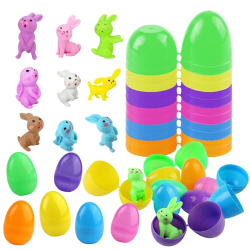 JINXIAN 24 Stück Ostereier Plastik und 24 Stück Osterhase überraschungseier Ostereier zum BefüLlen 4 x 6 cm Plastikeier Bunt für Füllen von SüßIgkeiten Hasen und Kindergeschenken