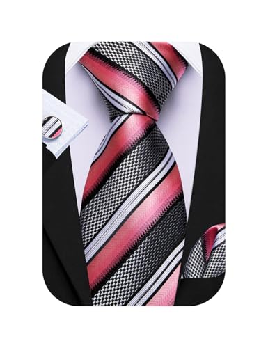 Image of Barry.Wang Tie Sets for Men Silk Stripe Necktie Woven Checkered Handkerchief Cufflinks Formal Business Wedding