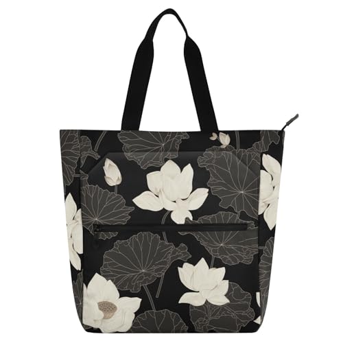 Decorative Cute Book Tote Bag for Kids Adults, Black and White flower Large Library Book Bag Handbag with Zipper Pockets for School Shopping Grocery Rainbow bolsa para llevar libros