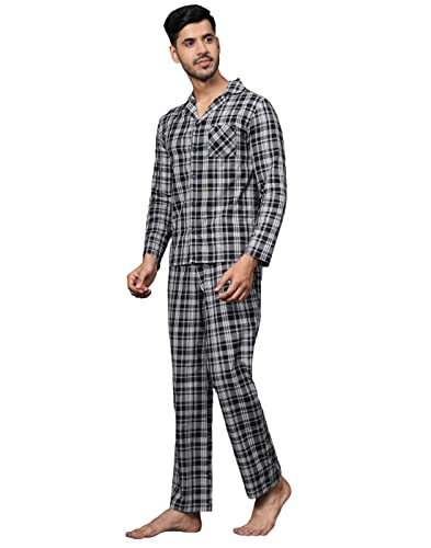 Image of B STORIES Men's 100% Cotton Full Sleeve PJ Set - Checkered Nightwear Set | Soft Loungewear | Comfortable Sleepwear | Stylish Casual Home Wear Shirt & Pant (S-XXL)