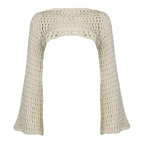 Women's Crochet Knit Crop Top Pullover Sweater Long Sleeve Hollow Out Square Neck Shirt Summer Streetwear Men Casual Sweaters (Beige, One Size) #TOP6