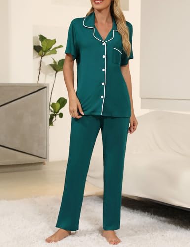 Image of Senert Womens 2 Piece Pajamas Set Button Down Top and Pants Soft Sleepwear | Short Sleeve Lounge Sets with Pockets, Maternity / Nursing /Postpartum Pjs Set, Bride Pjs Set for All Seasons