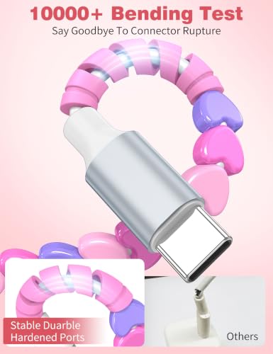 Image of USB C to USB C Cable 3FT,60W Fast Charging Beaded Charger Cord for iPhone 17 16 Pro Max 15 /iPad Pro 11th Air for Samsung S26 S25 S24 A16 A17 /Android Phone Charger Cute Girls Women,PurplePink-Hearts