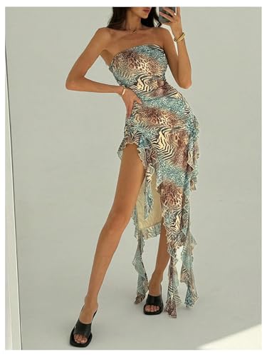 Image of WDIRARA Women's Strapless Leopard Print Ruffle Asymmetrical Pencil Maxi Dress