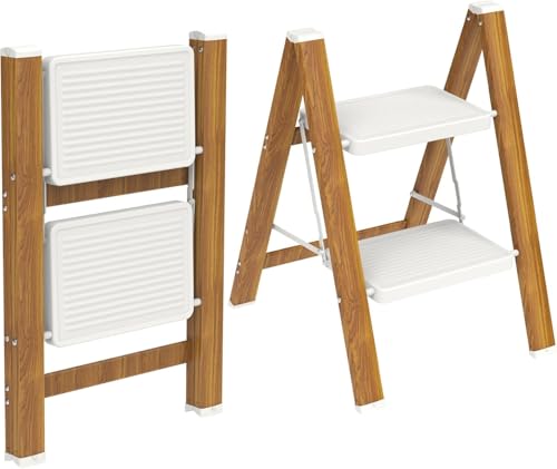 HBTower Step Ladder Lightweight Aluminum Folding Step Stool with Anti-Slip Wide Pedal 330lbs Capacity Step Ladder for Household Kitchen Office - WhiteWoodgrain