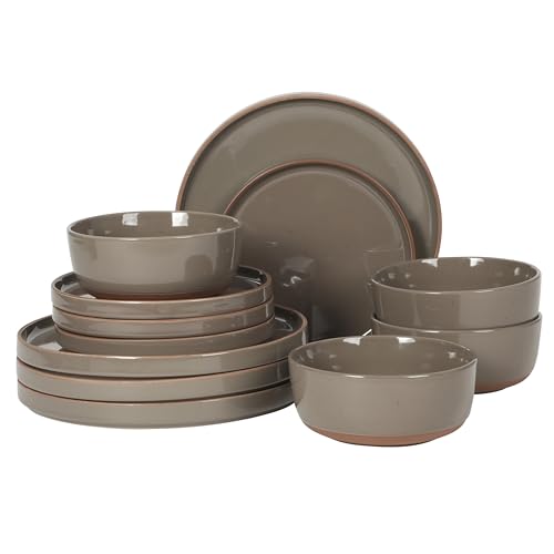 Image of Gibson Elite Northrock Stoneware Dinnerware Set, 12-Piece Service for 4 Plates and Bowls Set - Gray Dishes with Hand-Painted Terracotta Base