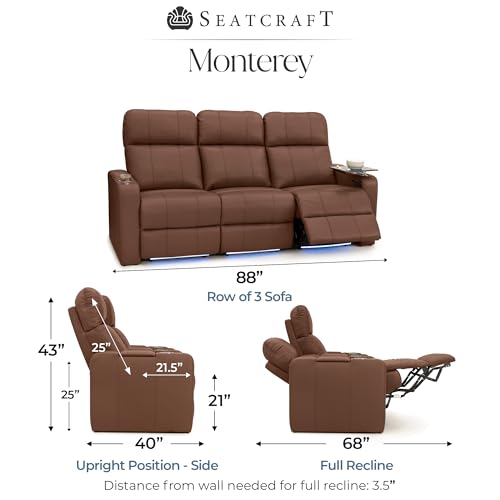 Image of Seatcraft Monterey Home Theater Seating Tobacco Row of 3 Sofa | Italian Leather, Wall Hugger, Zero Gravity, Powered Headrest, Power Recline, Zero Gap, USB charging