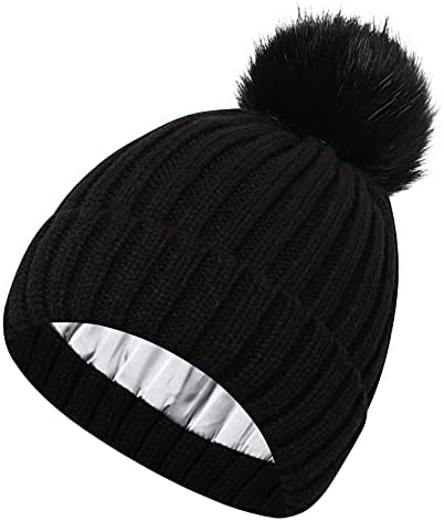 Roniky Womens Winter Beanie Hat, Silk Satin Lined Faux Fur Pom Pom Beanies Hat for Women Girls Warm Winter Knit Hats Black