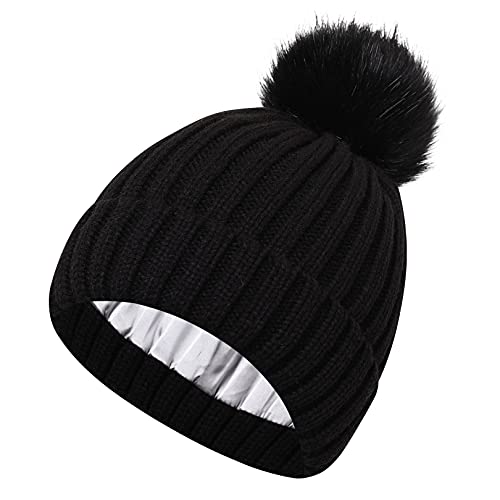 Roniky Womens Winter Beanie Hat, Silk Satin Lined Faux Fur Pom Pom Beanies Hat For Women Girls Warm Winter Knit Hats Black #TOP2