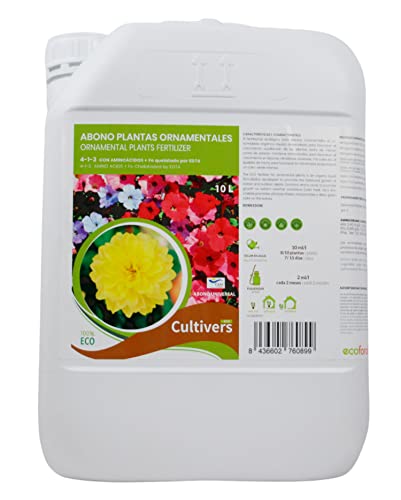 CULTIVERS Fertilizante para Plantas Ornamentales Ecológico de 10 L. Abono líquido con Aminoácidos + Quelato de Hierro. Plantas más verdes