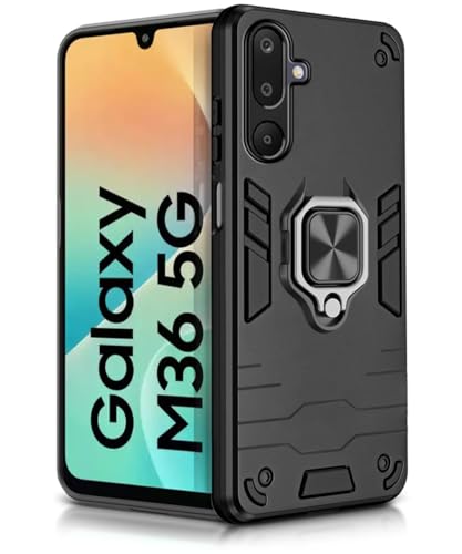 Image of WOW IMAGINE Shock Proof Back Case Mobile Cover for Samsung Galaxy M36 5G | Samsung Galaxy F36 5G | Back Cover Case (Tough Armor | Hybrid PC + TPU | Ring Holder & in-Built Kickstand | Black)