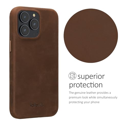 Image of kalibri Case Compatible with Apple iPhone 15 Pro Max - Case Smooth Genuine Leather Hard Case Anti Slip Cover - Brown