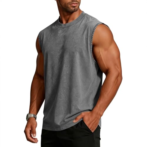 Image of Mens Tank Tops Summer Sleeveless T Shirt Cotton Crew Neck Relaxed Fit Muscle Tank Top Moisture Wicking Plain Washed Athletic Tshirt for Workout Beach