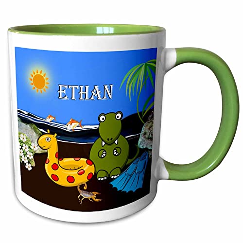 3dRose Ethan - Tyrannosaurus Rex at the Beach 11oz Two-Tone Green Mug