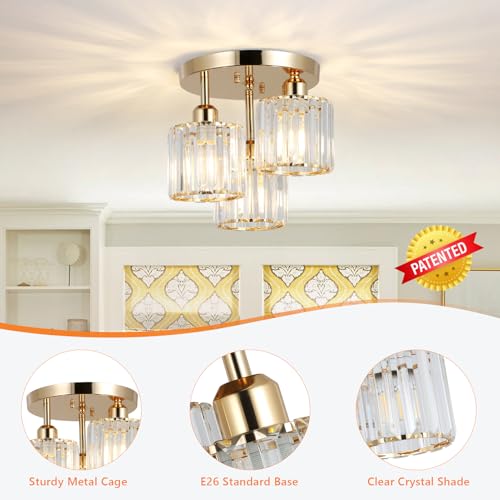 Rayofly Modern Kristall Kronleuchter, 3-flammig Kristall Deckenleuchte mit Glas Lampenschirm, Modern Deckenlampe Wohnzimmer, Glas Deckenleuchte für Schlafzimmer, Küche, Flur, Badezimmer, Matte Gold
