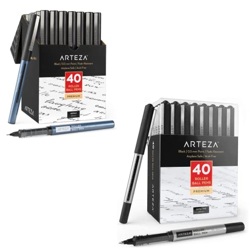 ARTEZA Rollerball Pens Fine Point, Set of 40 Black Liquid Ink, Extra Fine 0.5 mm Needle Tip Pen and Rollerball Pens, Pack of 40, 0.5mm Black Liquid Ink Pens, Office Supplies for Writing, Taking Notes