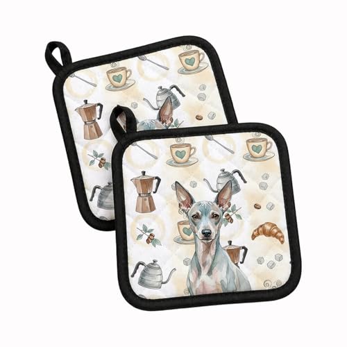 Caroline's Treasures American Hairless Terrier Coffee Bar Pair of Pot Holders Pair 7.5x7.5 Quilted Insulated Hot Pads Decorative Kitchen Gift Made in USA