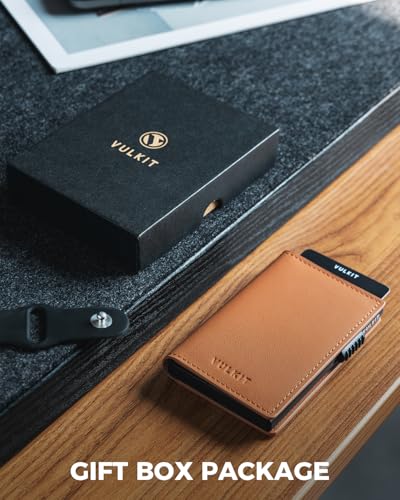 Image of VULKIT Minimalist Card Holder Wallet Top Grain Leather Pop Up Cards RFID Protection Holds Up to 10 Cards, Magnetic Closure