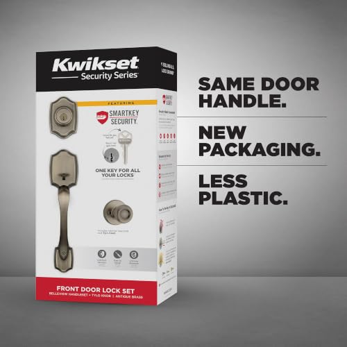 Image of Kwikset Belleview Front Door Lock Handle and Deadbolt Set, Entry Handleset Exterior with Tylo Interior Door Knob, Antique Brass, Pick Resistant SmartKey Rekey Deadbolt Security