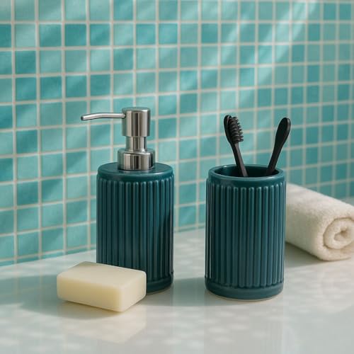 Image of Ceramic Bathroom Set of 2 | Soap Dispenser 330ml & Toothbrush Holder | Premium Green Solid Strip Design | Modern Sink, Washbasin & Vanity Accessories | Green