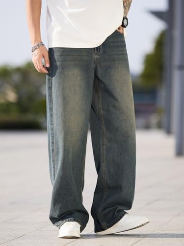 Image of DFGIGT Mens Baggy Jeans Wide Leg Denim Pants Y2k Loose Fit Streetwear | Hip Hop,Vintage 2000s,Jinco Jeans,Straight Leg,5 Pockets