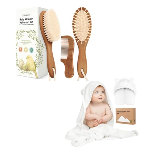 Image of Keababies Baby Hair Brush and Baby Comb Set and Baby Hooded Towel - Wooden Baby Brush with Soft Goat Bristle - Baby Towel, Toddler Towels, Hooded Towels for Baby, Cradle Cap Brush