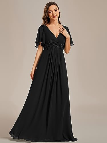 Image of Ever-Pretty Womens V Neck Applique Mother of the Bride Dresses Formal Dress | Chiffon, Short Sleeves, Ruched, A-Line, Bridesmaid Dresses, Formal Gown, Black Tie Dress