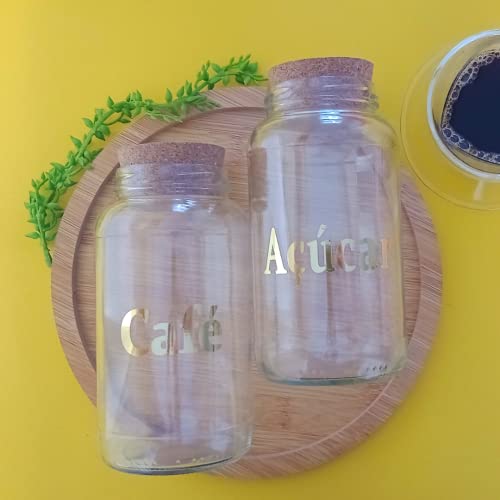 Kit Cantinho do Café com 2 Potes de Vidros+ Adesivos Gold com Tampa Rolha Cortiça