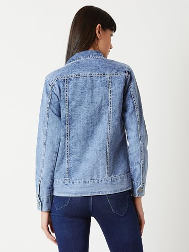 Image of Miss Chase Women's Polo Neck Full Sleeves Patch Pocket Denim Overcoat Knee-Length Jacket