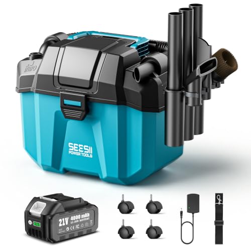 Seesii Aspirateur Eau et Poussière Batterie 4000 mAh, Aspirateur Poussiere et Eau 10 L, avec Sangles, 4 Roues et Accessoires, Idéal pour Atelier, Chantier ou Voiture