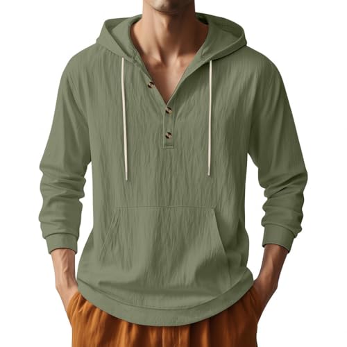 TAFLE Men's Linen Hoodie Lightweight Hawaiian Shirt Casual Beach Shirt with Pockets Army Green