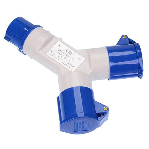 Blue 2 Way Splitter 16A 230V 2P+E IP44 Plug Socket Connector Industrial