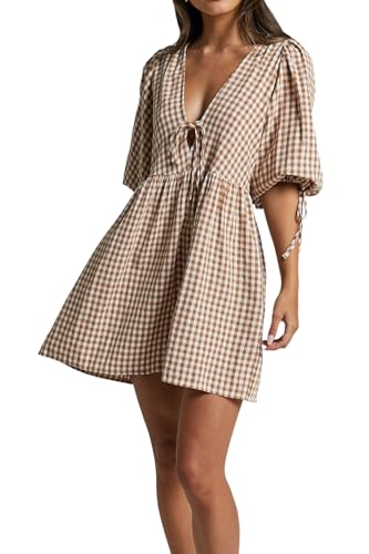 Kuraki Women's Classy Mini Plaid Puff Sleeve Checkered Dress