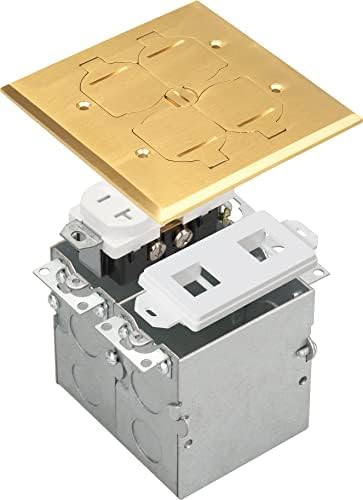 Select Lighting SLFB-2G-TR20-LV-BR 20A Receptacle Outlets, Tamper Resistant Electrical Floor Box with Flip Lid and Brass Cover, Retractable Recessed Socket for Kitchen, Countertops & Floors