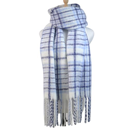 GXIHOUSLGC Winter Women Warm Cashmere Scarf Long Shawl Large Scarves Cold Weather Thick Tassel Blanket Scarfs Colorful Plaid (Plaid-Light Blue) - image 5