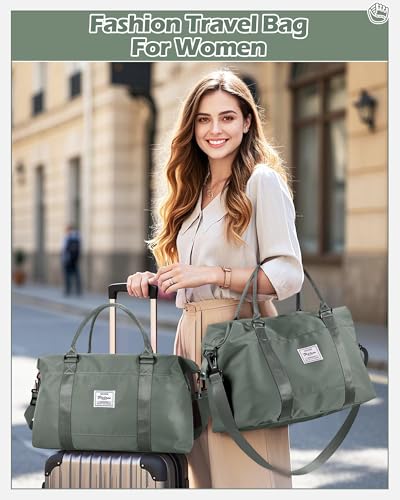 Image of Travel Duffel Bags for Women Mens Waterproof Weekender Carry on Bag Sports Gym Bag Travel Tote Bags with Wet Pocket Overnight Bag Workout Duffel Bags with Trolley Sleeve Dark Green