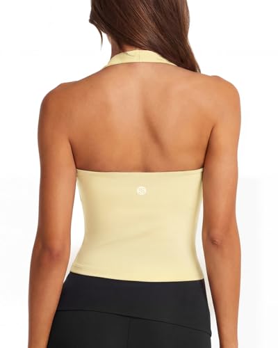 SUUKSESS Women Padded Halter Sports Bras Backless Longline Workout Tank Tops Crop Gym Tops (Yellow M)