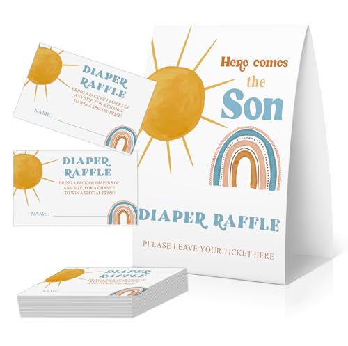 OXEDP Baby Shower Games, Boho Sun Diaper Raffle Sign with 50 Tickets, Diaper Raffle Cards for Baby Shower,Babyshower Invitation,Here Comes The Son Babyshower Decorations-DPRF05
