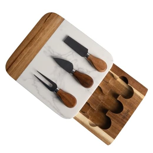 cheezcare Marble Cheese Board - Acacia Wood Tray with 3-Knife Set - Marble Charcuterie Board for 2-6 People - Great Gift for Weddings, Anniversary & Housewarming Parties - White Marble Board