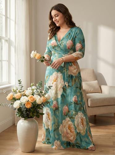 Image of SUZONANA Plus Size Dresses for Women Floral Print Maxi Dress Flowy 3 /4 Sleeve with Belt