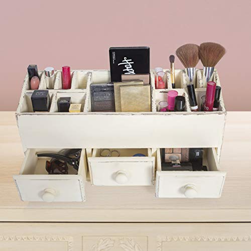 Vanity Drawer Beauty Organizer 3 Drawers - Wooden Cosmetic Storage Box for Neat & Organize Storing of Makeup Tools, Small Accessories at Home & Office Vanities & Bathroom Counter-top (Rustic White) - Thumbnail 7